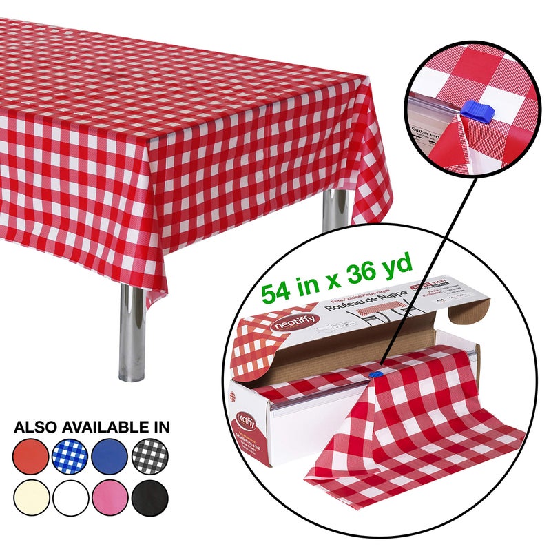 Neatiffy Disposable Plastic Table Cloth Roll | 54 in x 108 Ft Waterproof Tablecloth | Table Cover for Rectangle, Square, Round Oval Tables | Picnic, Party, Banquet, Birthdays, Weddings, Red Checkered - Image 2